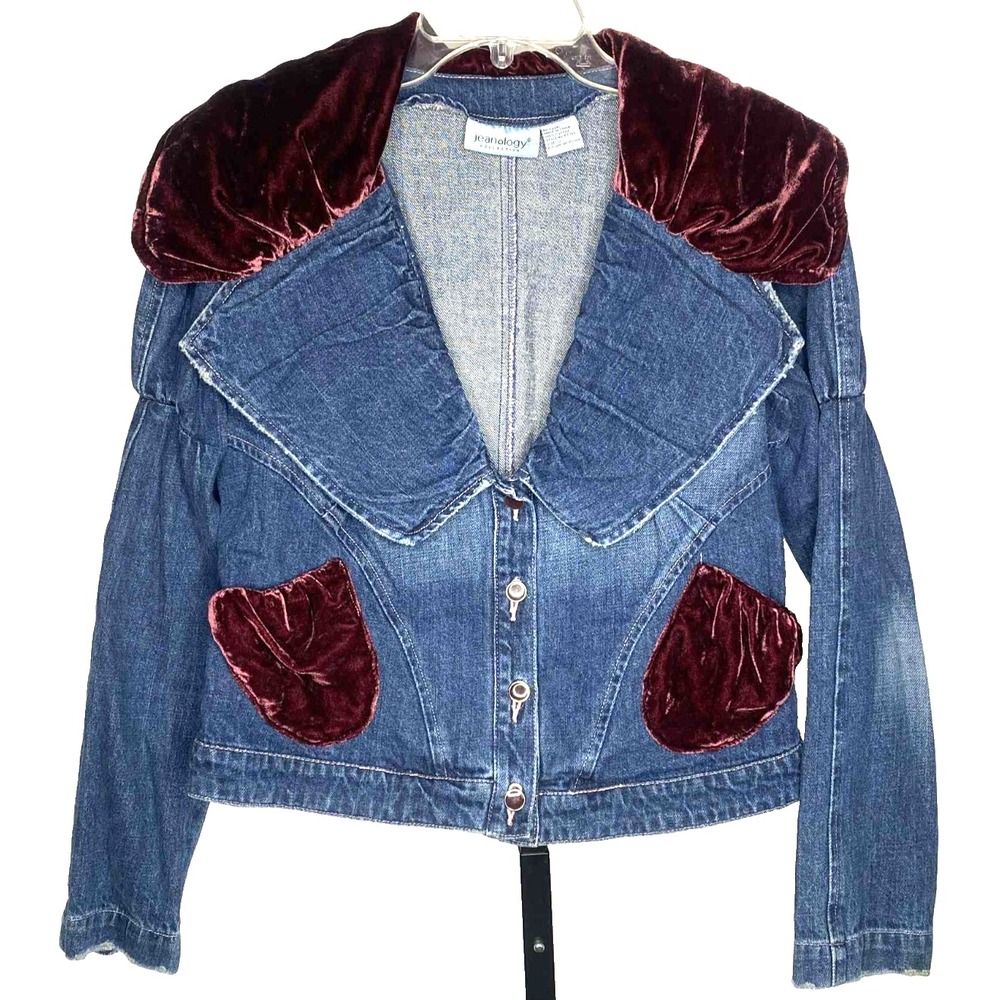 Vintage 90s Y2k Women's Velvet Trim Denim Jacket size 12 vamp Fairy whimsigoth